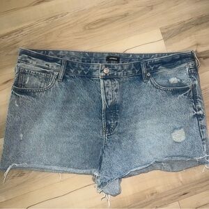 Express Distressed Blue Jean Boyfriend MIDI Mid Rise Shorts